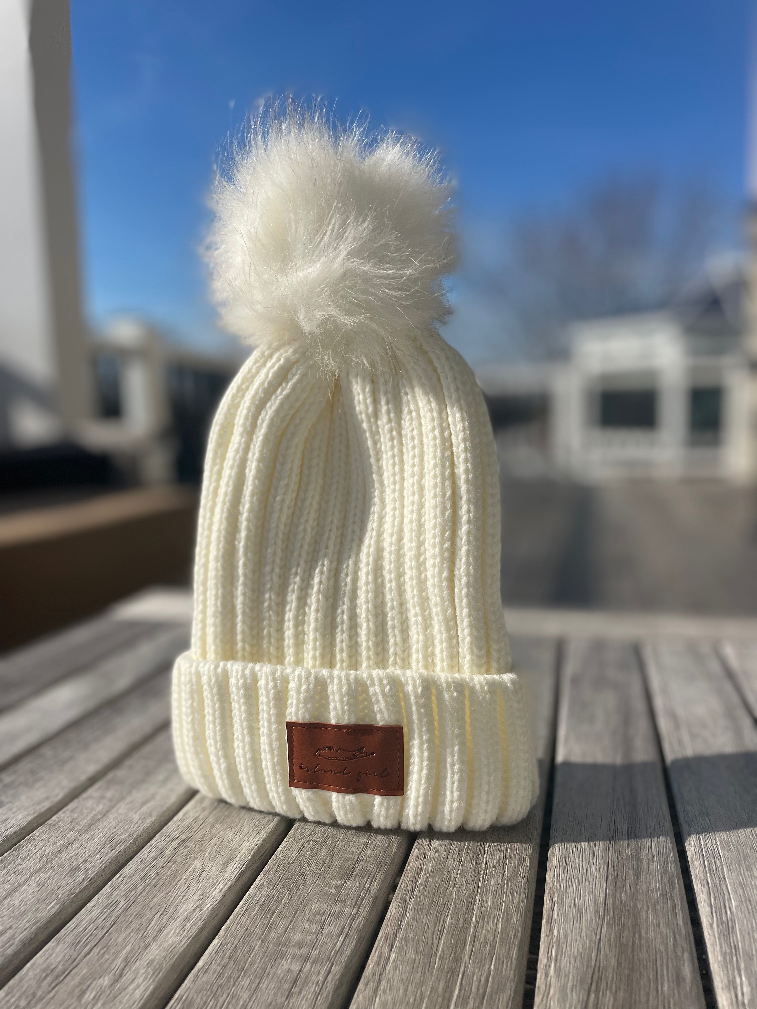 Island Girl Knit Pom Beanie - Winter White – Captain Leisure LI display picture 1
